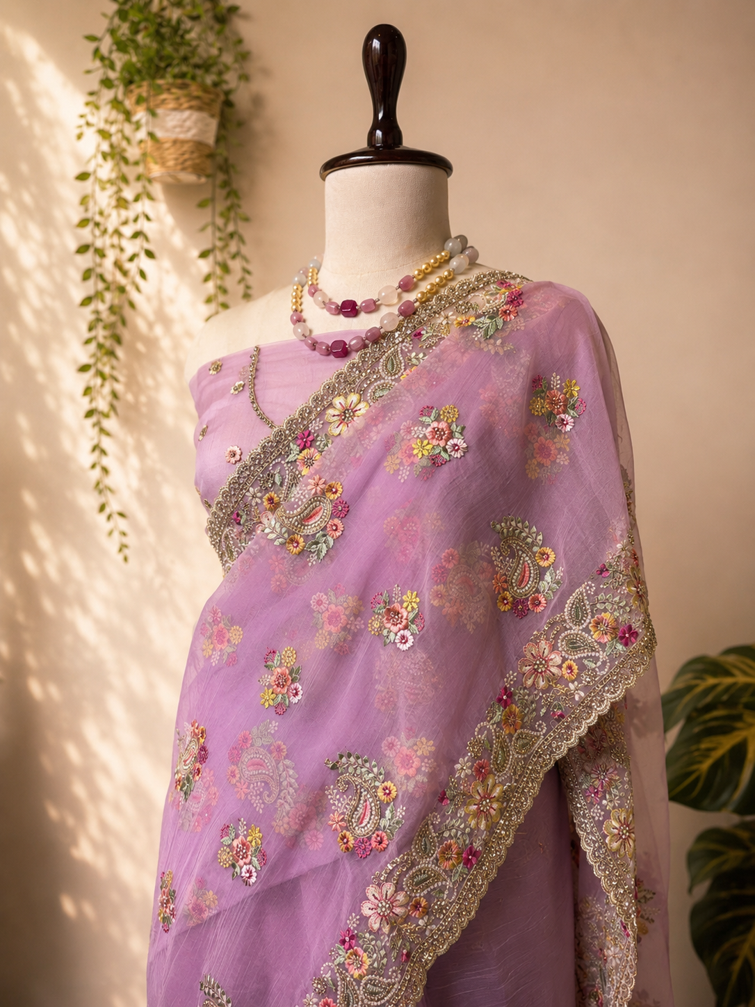 Lavender Vaaari chiffon saree with floral embroidery and embellished handcrafted border.
