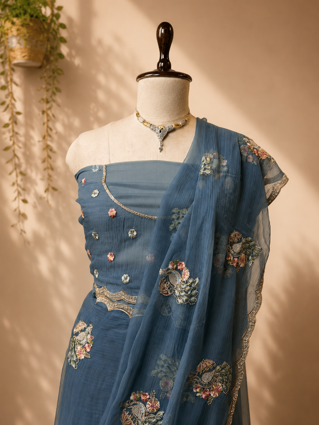 Dusty blue chiffon saree with delicate floral embroidery and scalloped border draped elegantly on a mannequin against a soft beige studio background.
