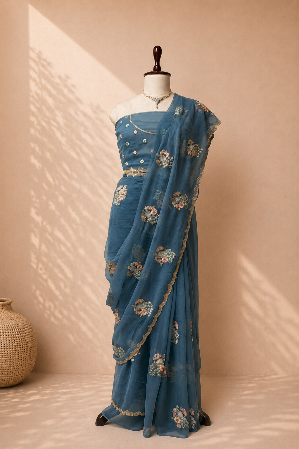 Dusty blue chiffon saree with delicate floral embroidery and scalloped border draped elegantly on a mannequin against a soft beige studio background.
