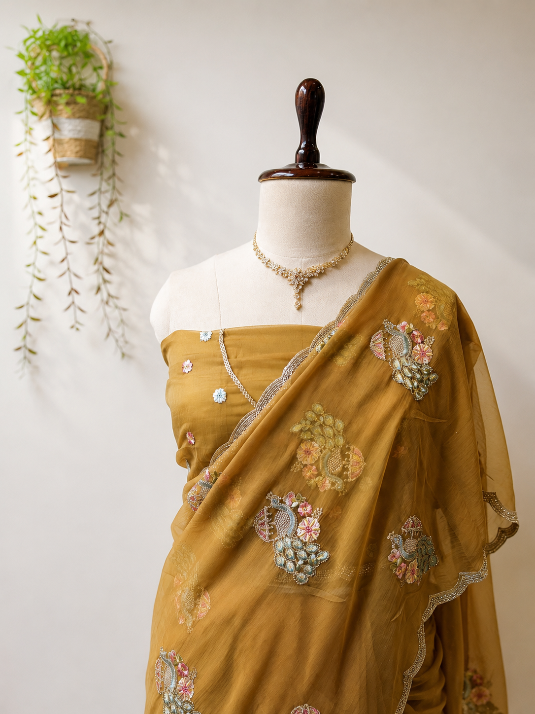 Golden mustard embroidered designer saree on mannequin with floral detailing and elegant border.
