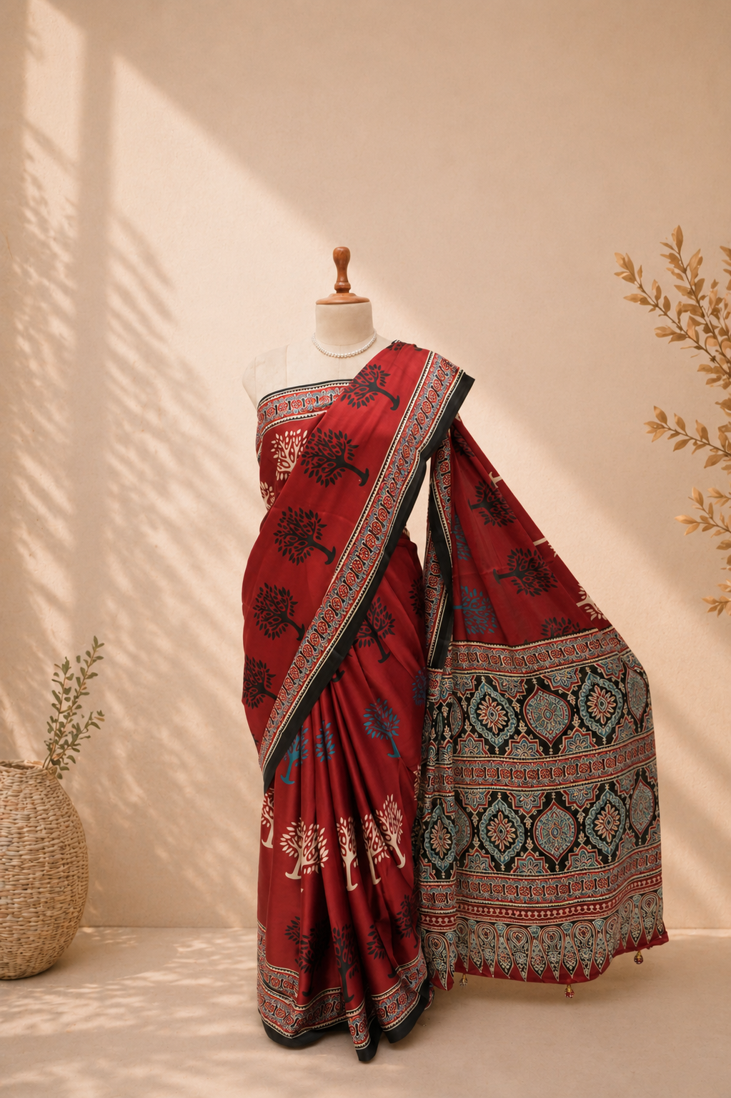 Red modal silk saree with classic Ajrakh patterns