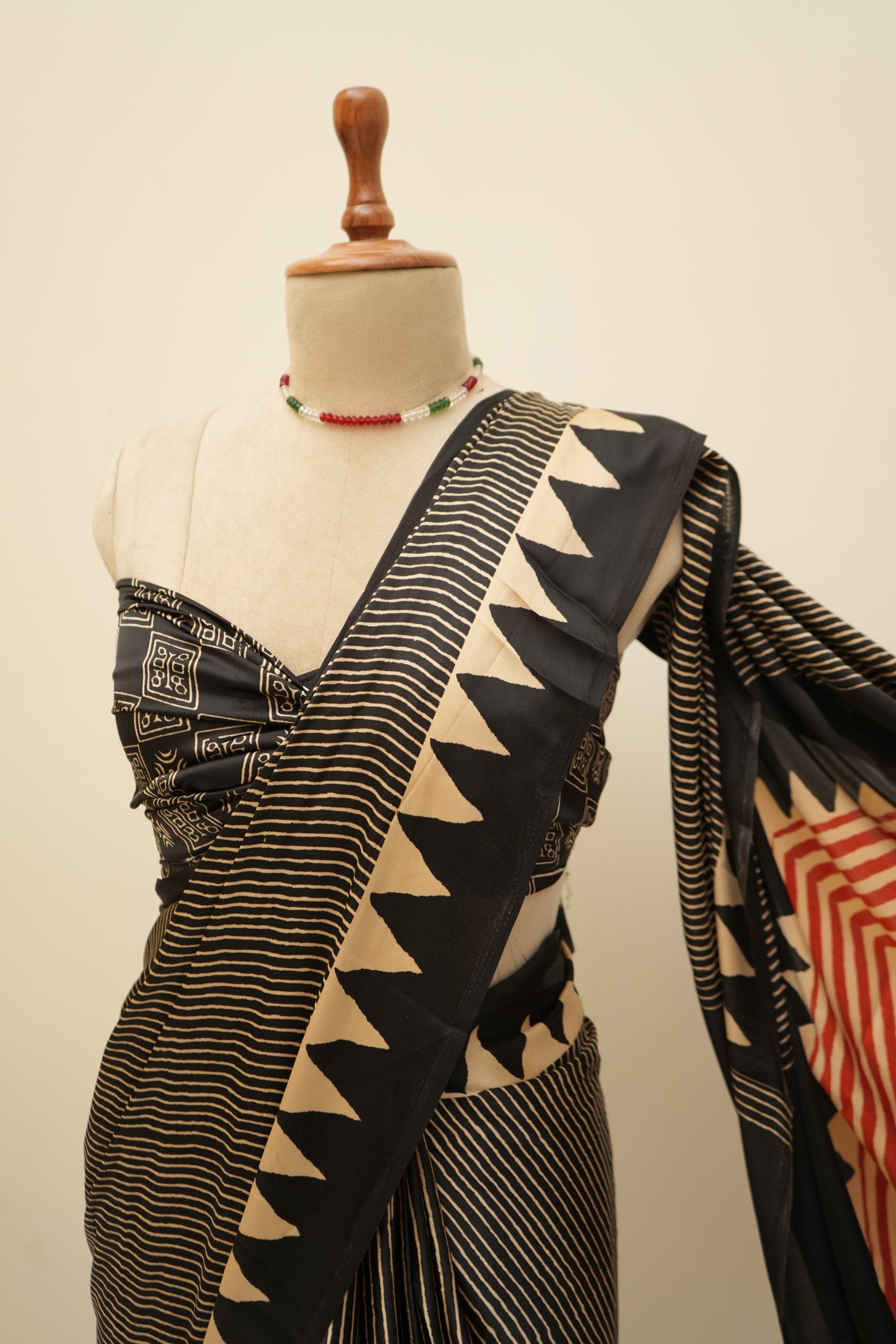 Black Ajrakh printed modal silk saree with geometric design
