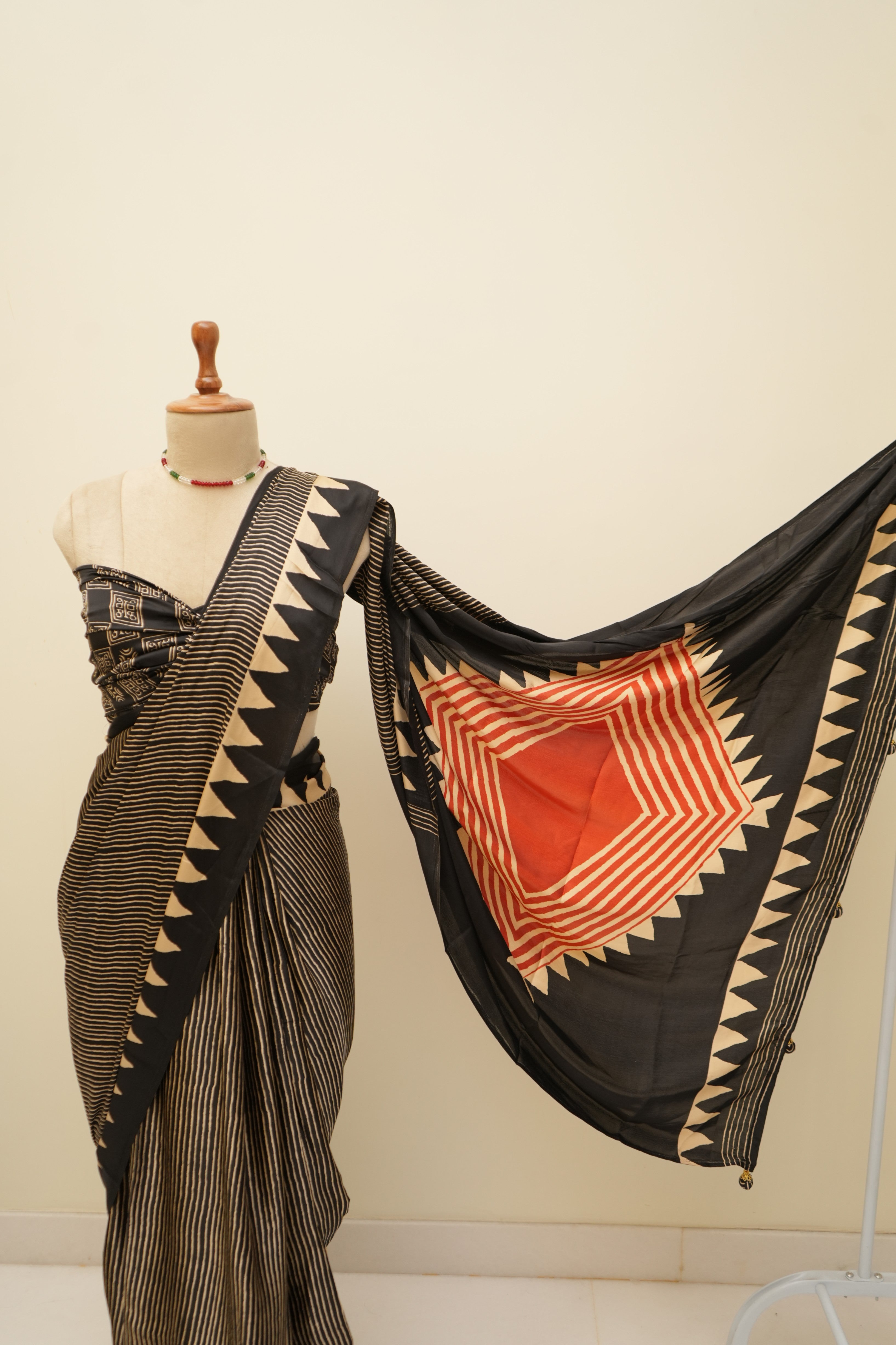 Black Ajrakh printed modal silk saree with geometric design