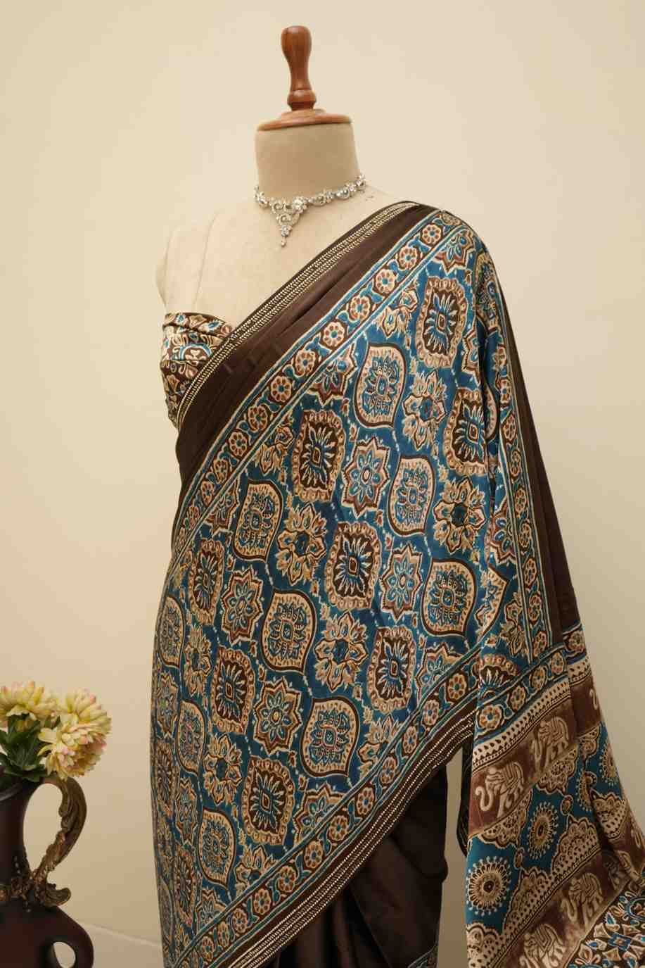 Premium brown Ajrakh saree in soft modal silk fabric