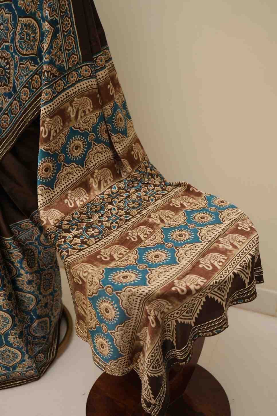 Premium brown Ajrakh saree in soft modal silk fabric