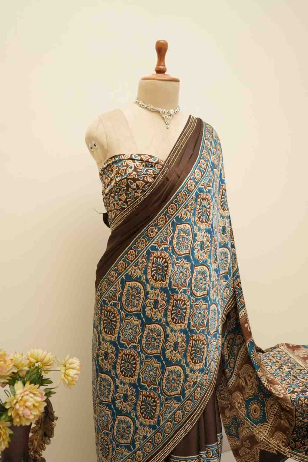 Premium brown Ajrakh saree in soft modal silk fabric