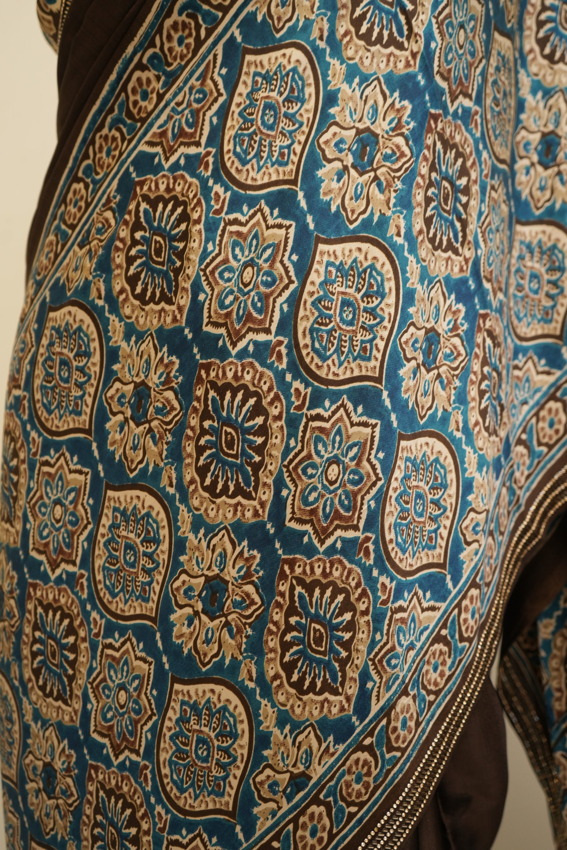 Premium brown Ajrakh saree in soft modal silk fabric