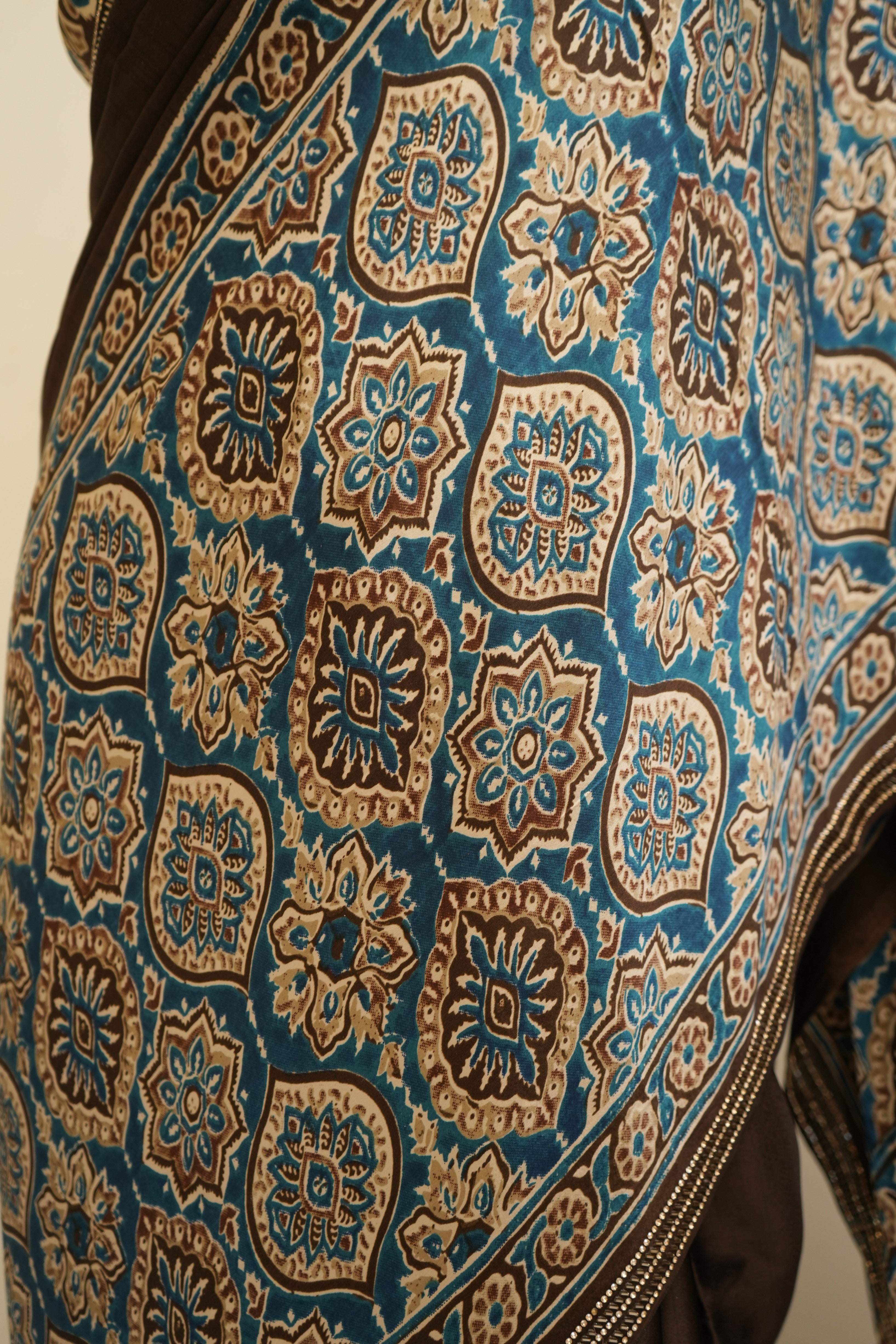 Premium brown Ajrakh saree in soft modal silk fabric