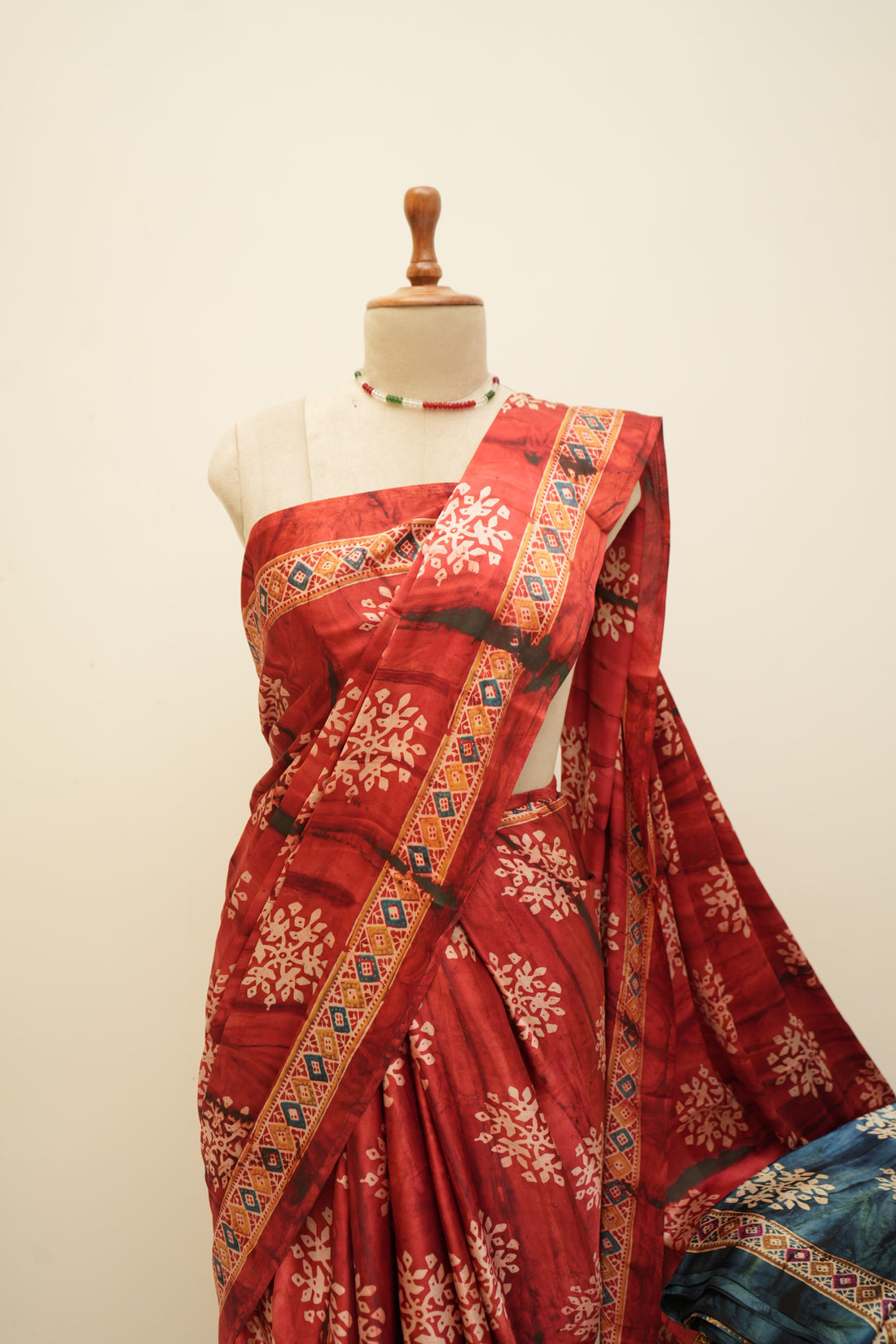 Red Block Ajrak Saree
