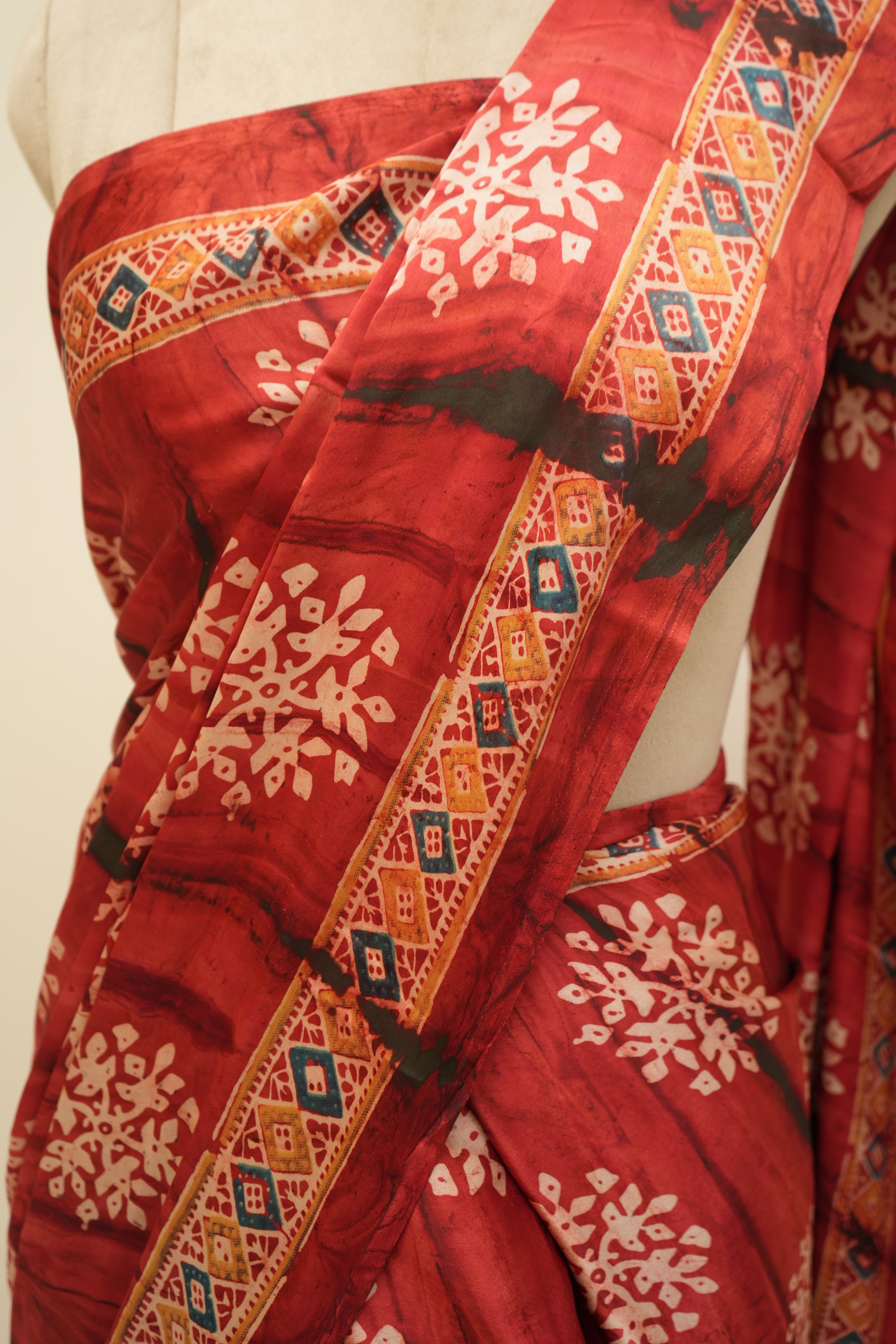Red Block Ajrak Saree