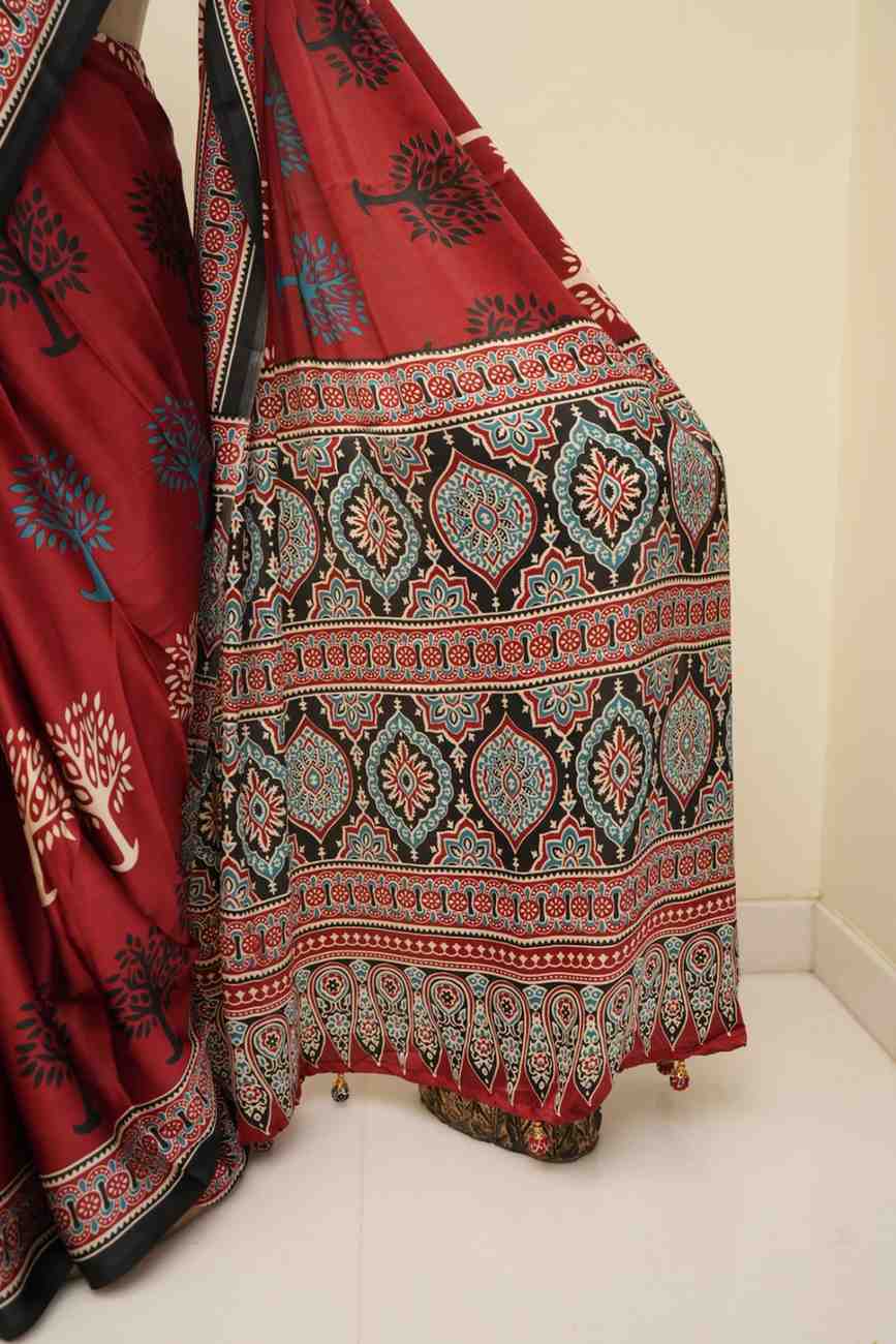 Red modal silk saree with classic Ajrakh patterns