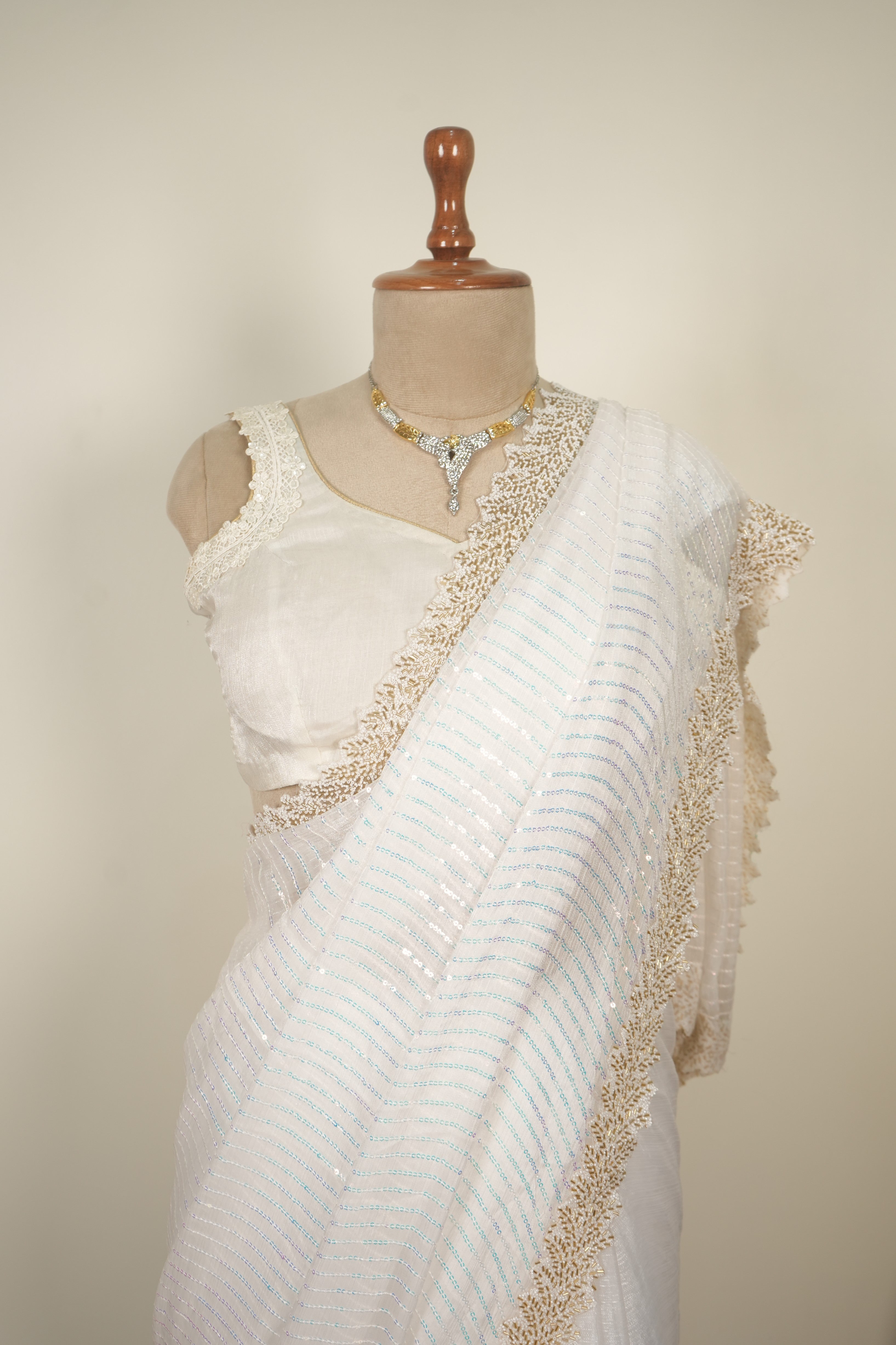 Whispered Grace – White Sequence Work Saree