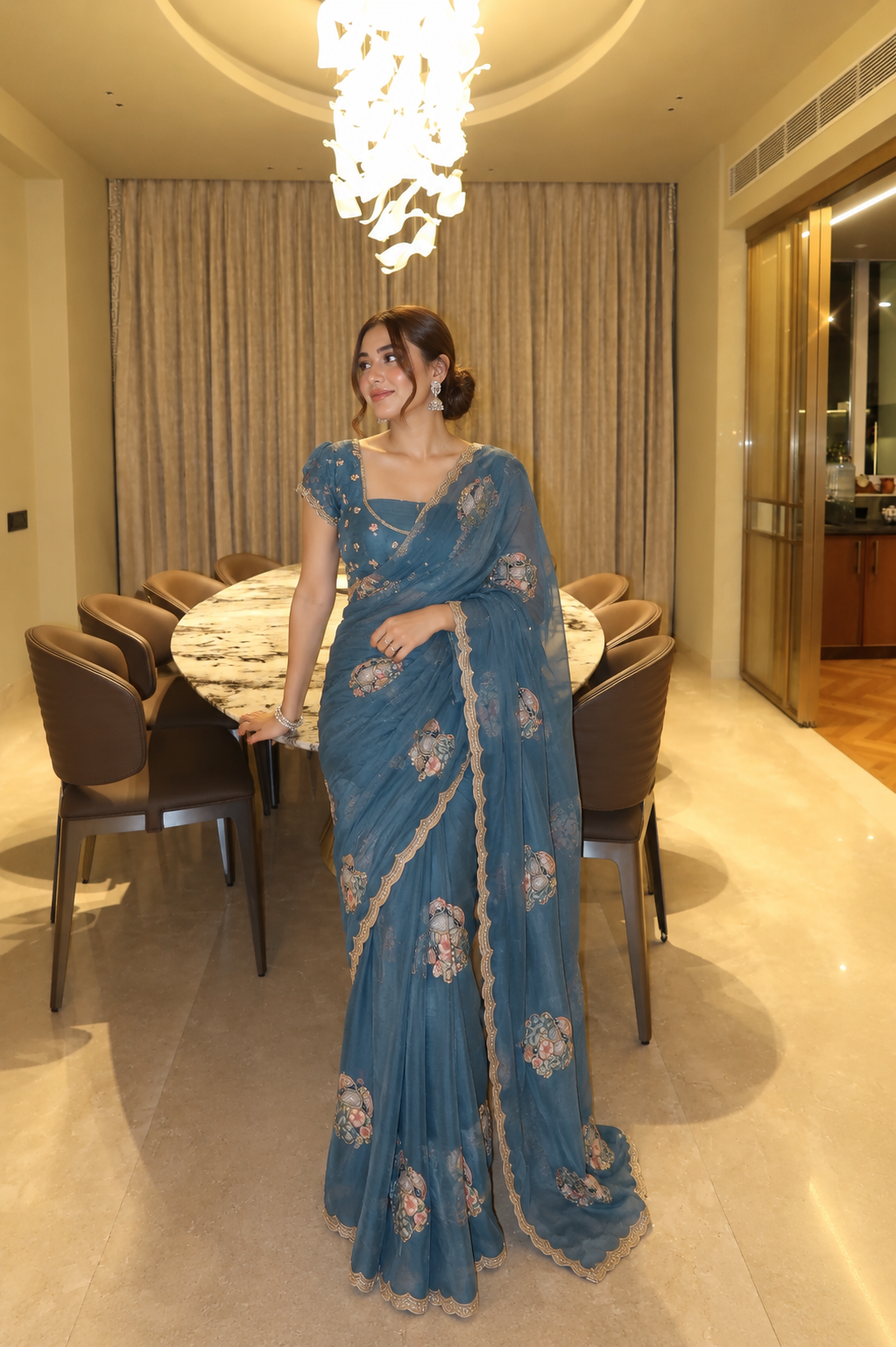 Dusty Blue Floral Saree