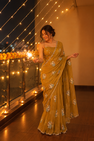 Golden Mustard Flora  Saree