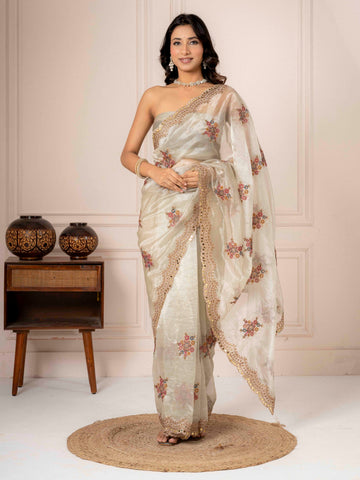 Greige Bloom – Floral Embroidered Saree