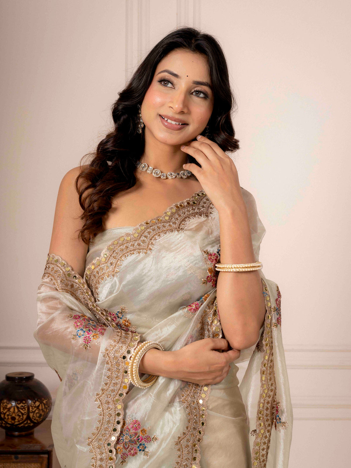 Greige Bloom – Floral Embroidered Saree