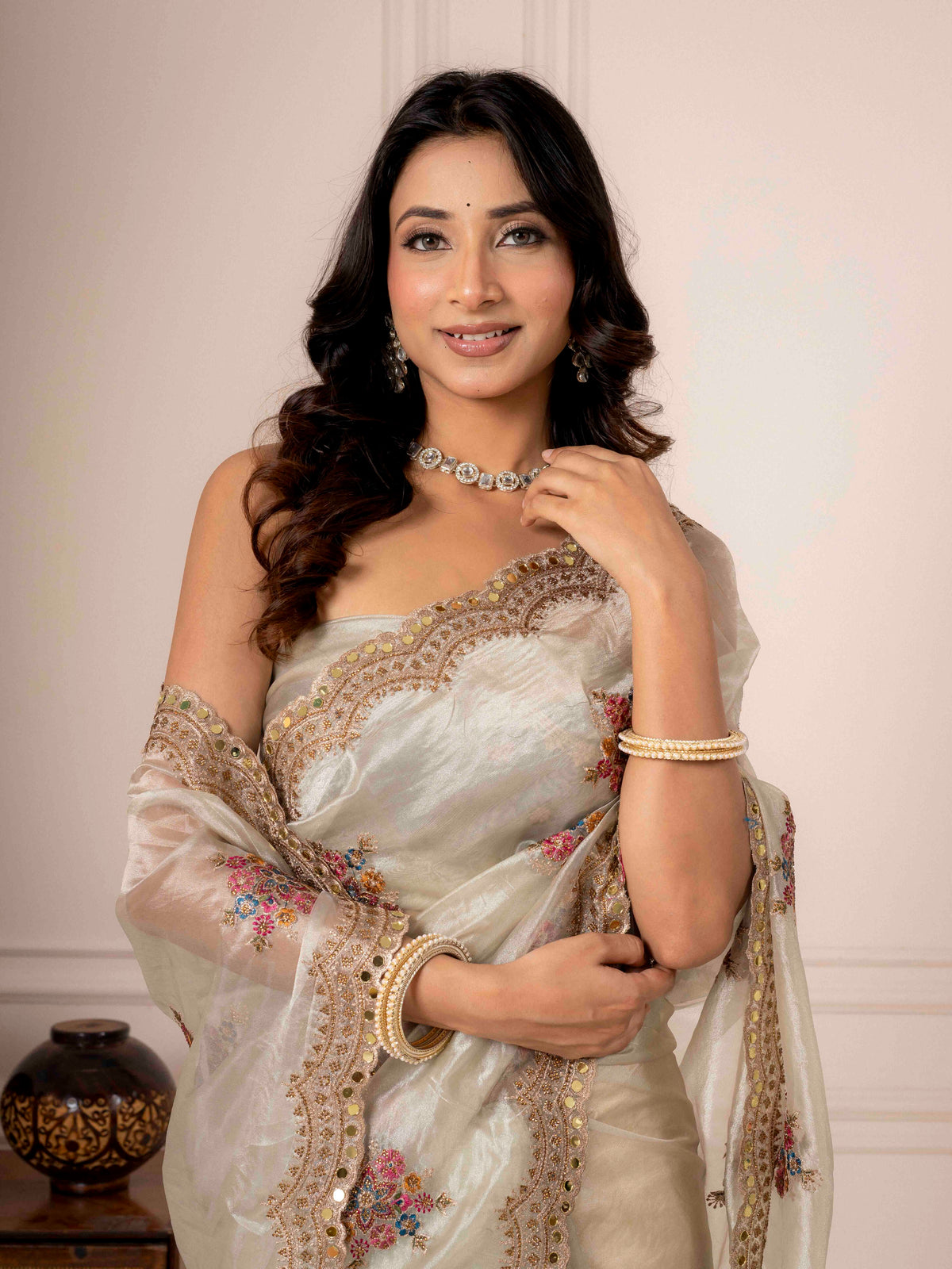 Greige Bloom – Floral Embroidered Saree