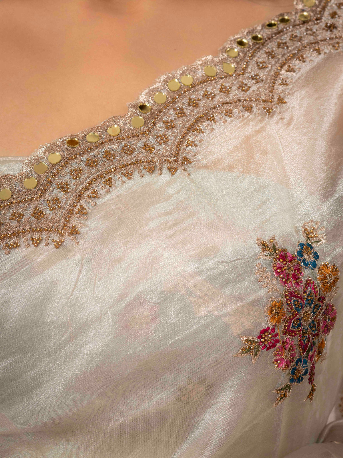 Greige Bloom – Floral Embroidered Saree