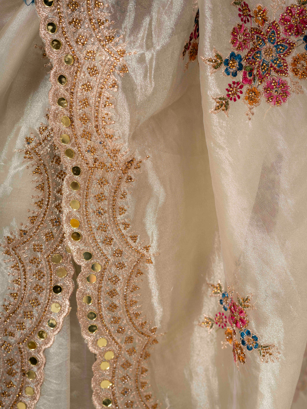 Greige Bloom – Floral Embroidered Saree