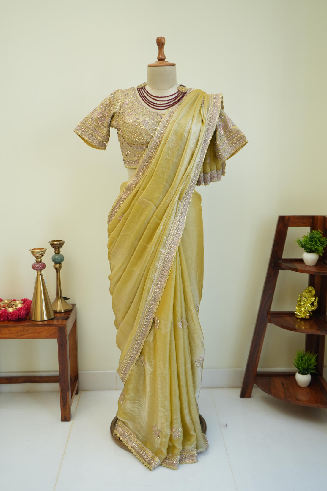 Stitched blouse with yellow festive saree and embellished border, perfect haldi and wedding function saree for women