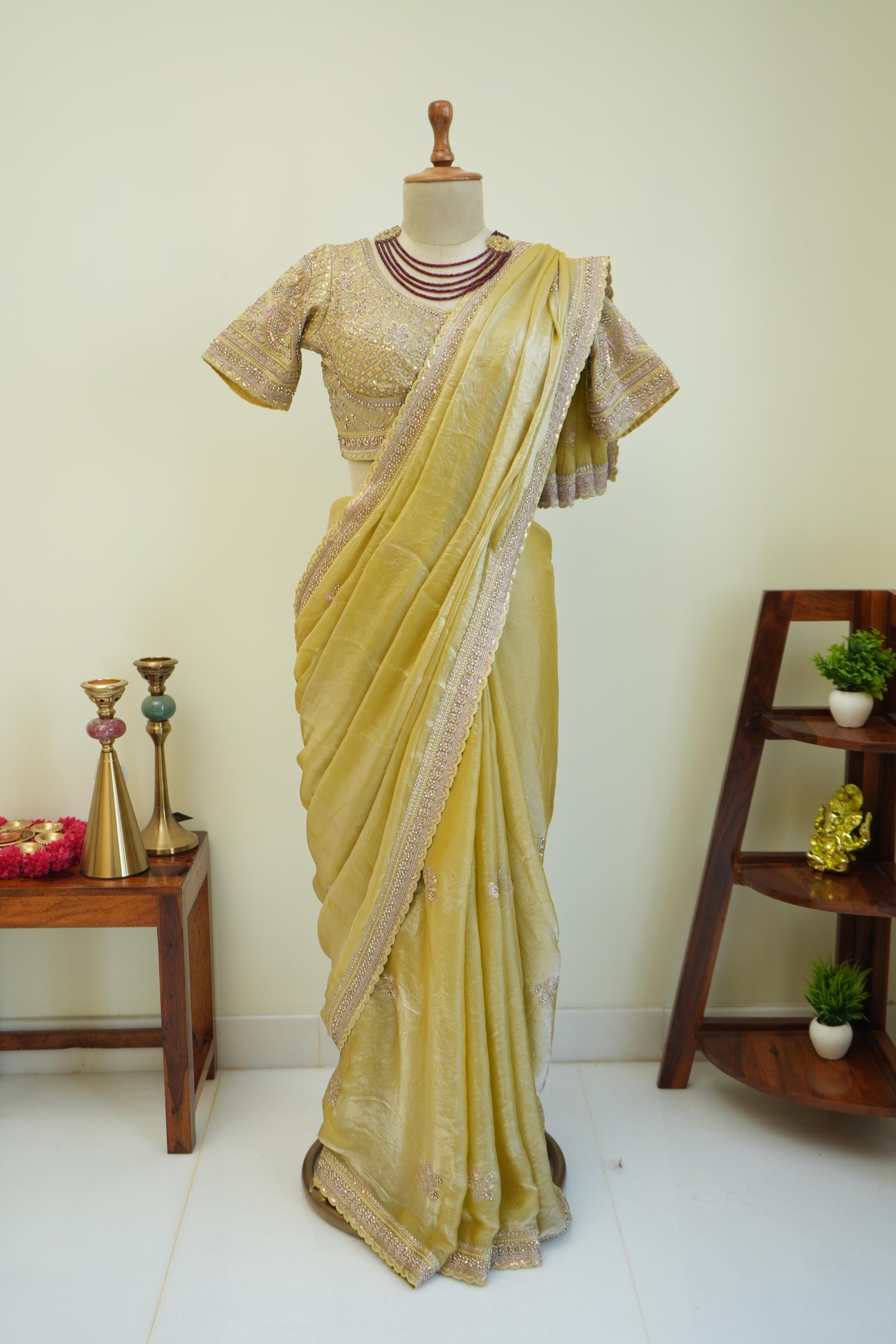 Stitched blouse with yellow festive saree and embellished border, perfect haldi and wedding function saree for women