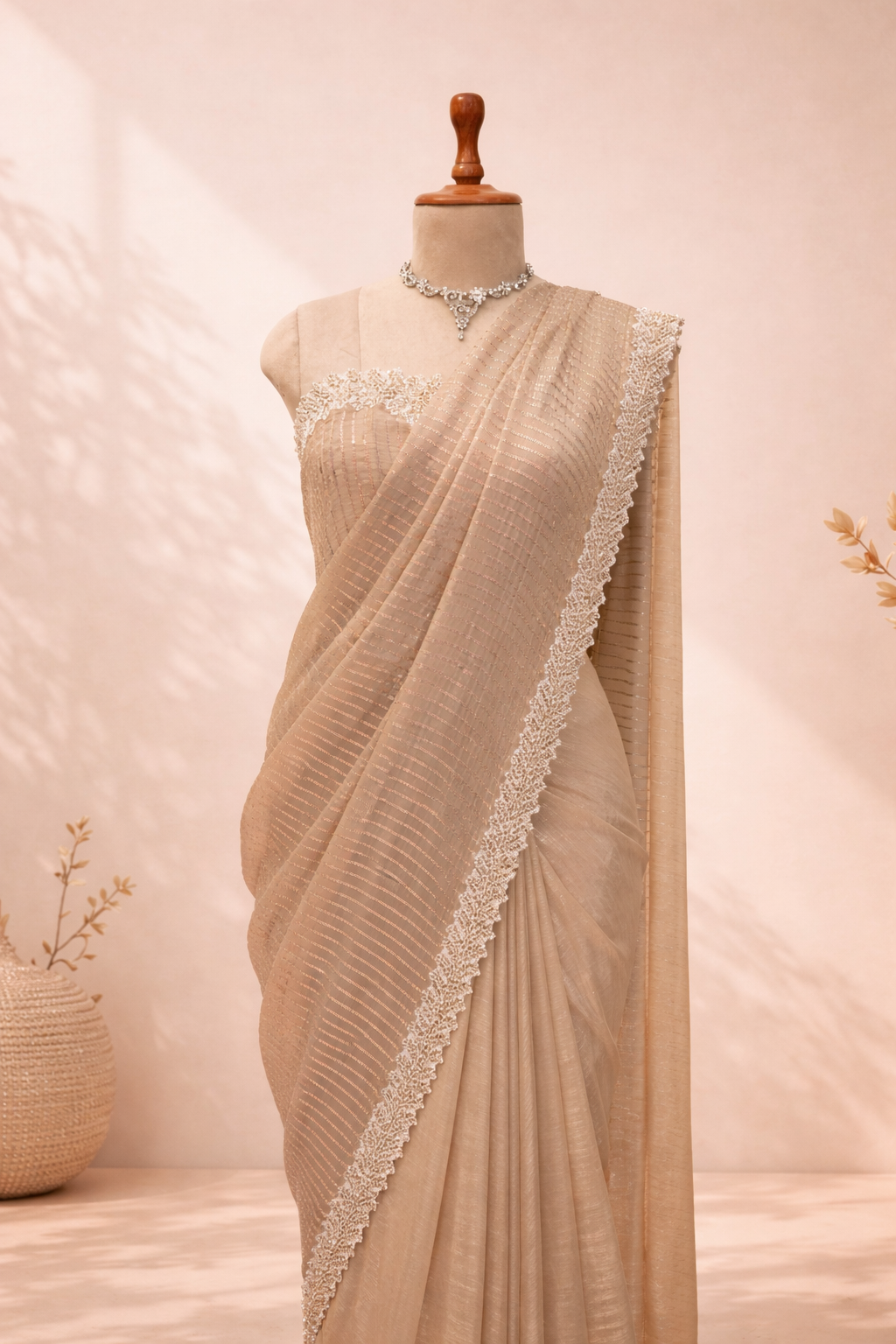 Beige sequin work saree with shimmer detailing and lace border, graceful party wear and occasion saree for women