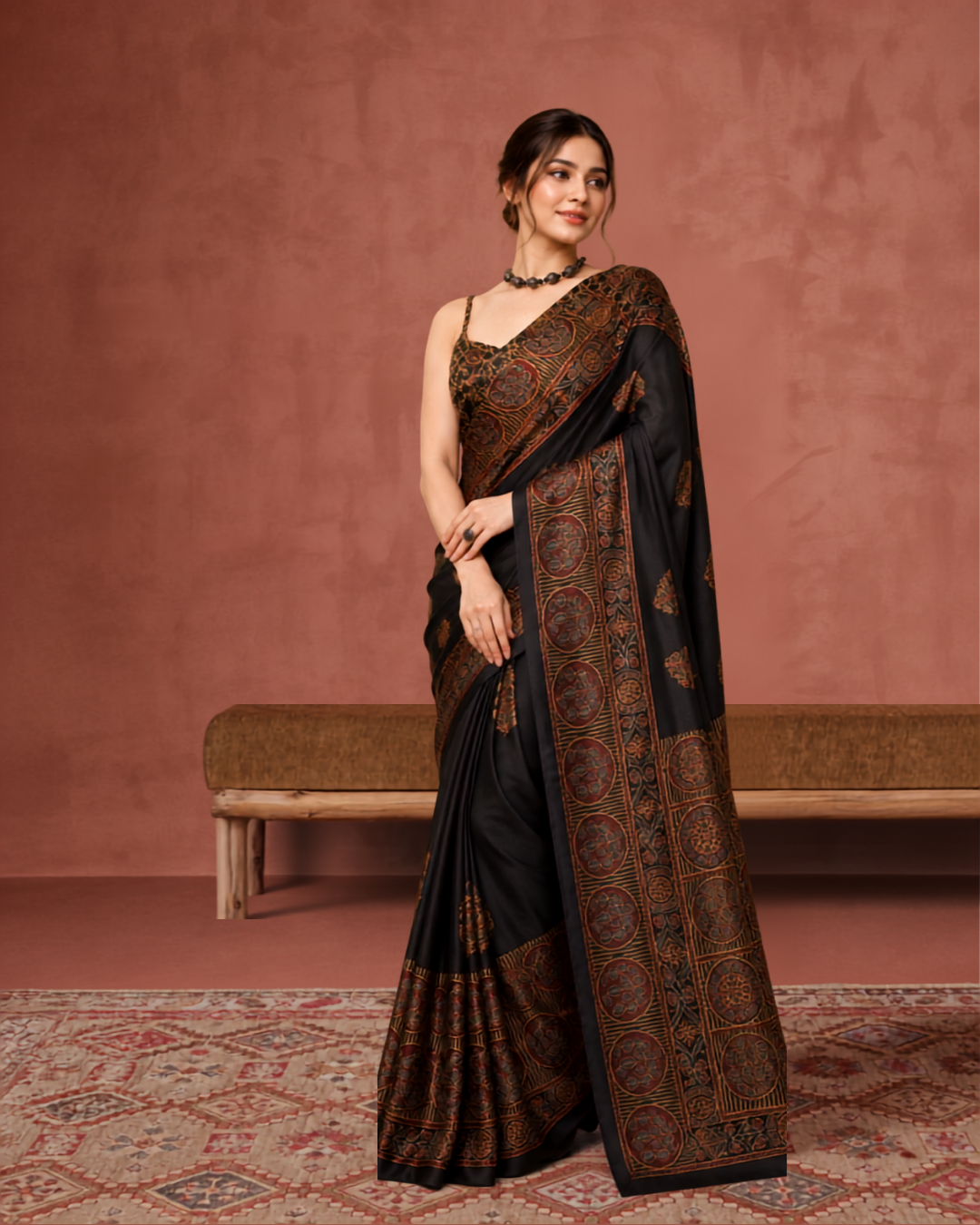 Midnight Black Modal Silk Ajrak Saree with Traditional Handcrafted Border