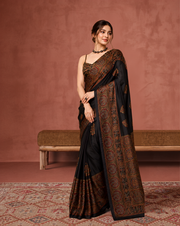 Midnight Black Modal Silk Ajrak Saree with Traditional Handcrafted Border